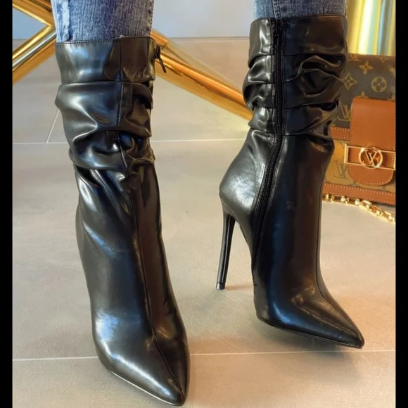 🖤Just In 🖤 Pointed Toe Pu Short Boots High Heel Ankle slouchy Booties - Picture 2 of 2